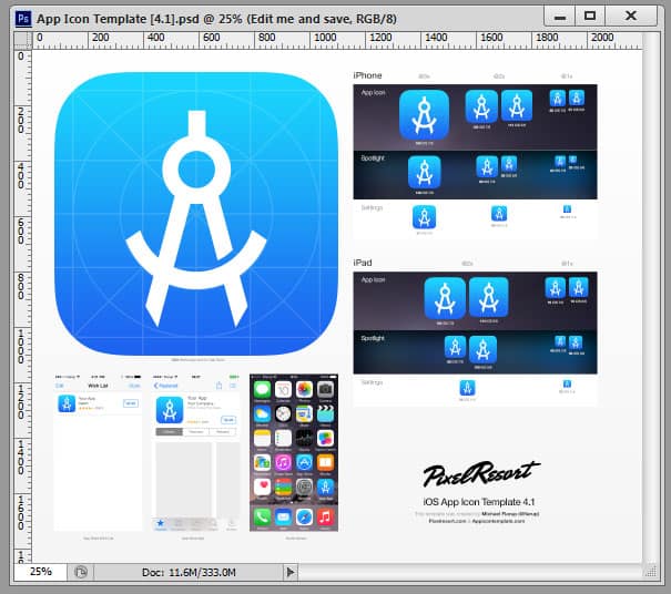 ตัวอย่าง template ที่จัดแสดง mobile app icon ในรูปแบบและขนาดต่างๆ