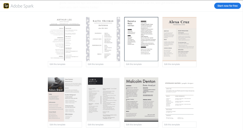 เว็บไซต์สร้าง Resume - Adobe spark