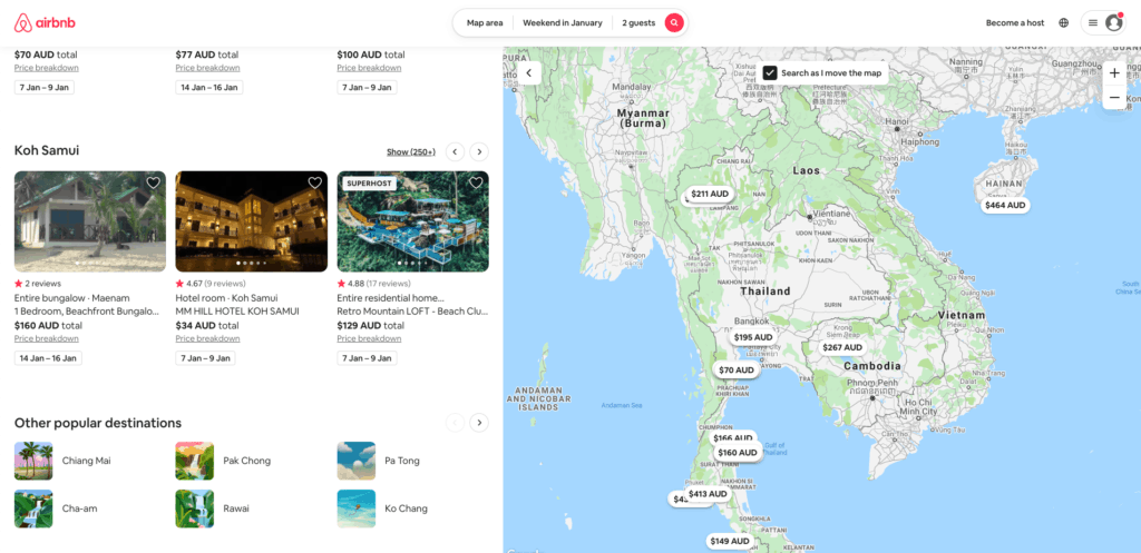 Airbnb thailand popular destinations