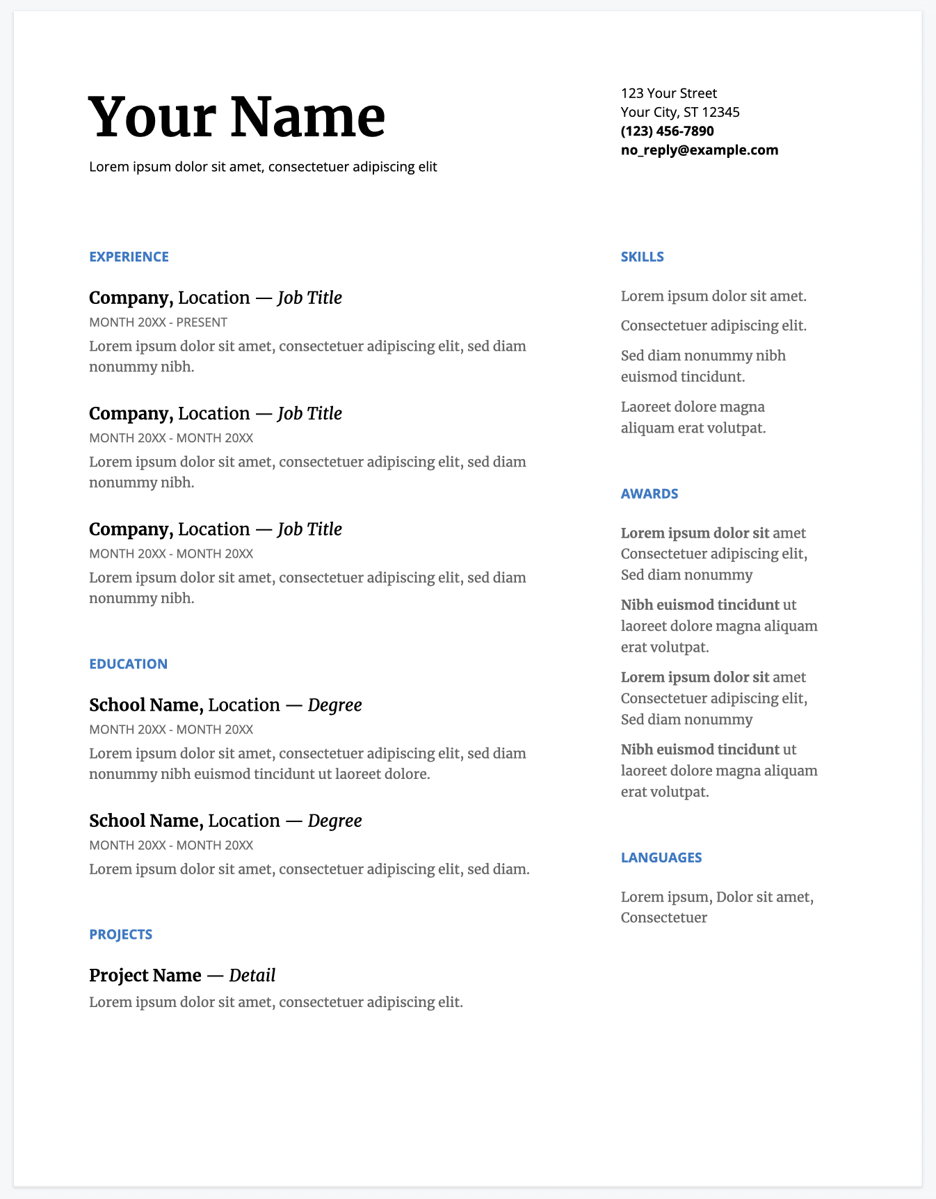 Serif resume template google docs