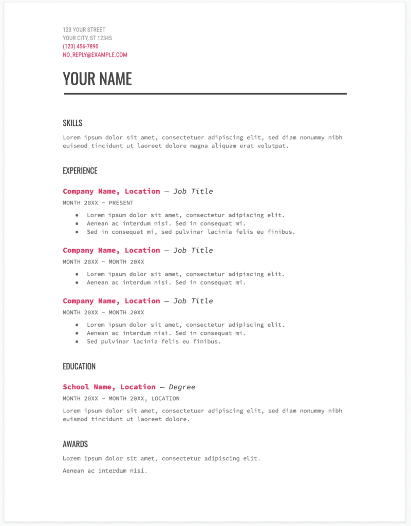 resume template for pages