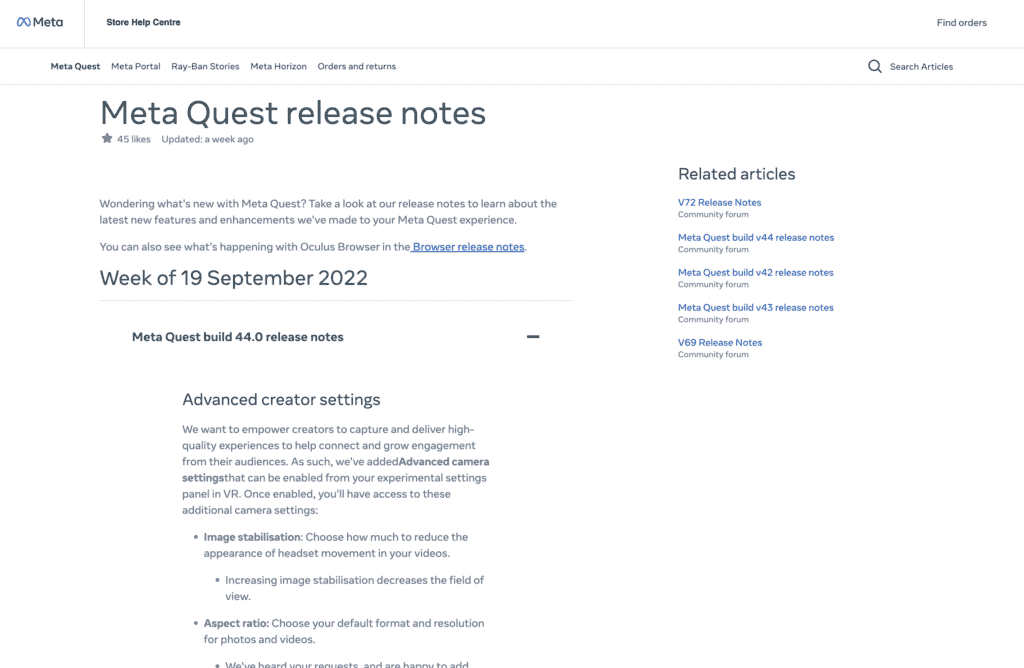 meta quest release notes